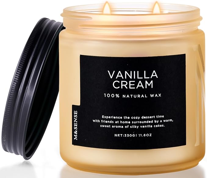 M&SENSE Vanilla Soy Candles, Medium 2 Wick 11.6oz 70 Hours Burning Time, All Natural Organic Soy Wax, Relaxing Aromatherapy Scented Candle, Housewarming Gift for Women and Men