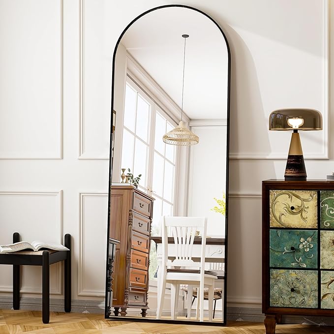 HARRITPURE 64"x21" Arched Full Length Mirror Free Standing Leaning Wall-Mounted Mirror Aluminum Frame Modern Mirrors for Living Room Bedroom Cloakroom, Black