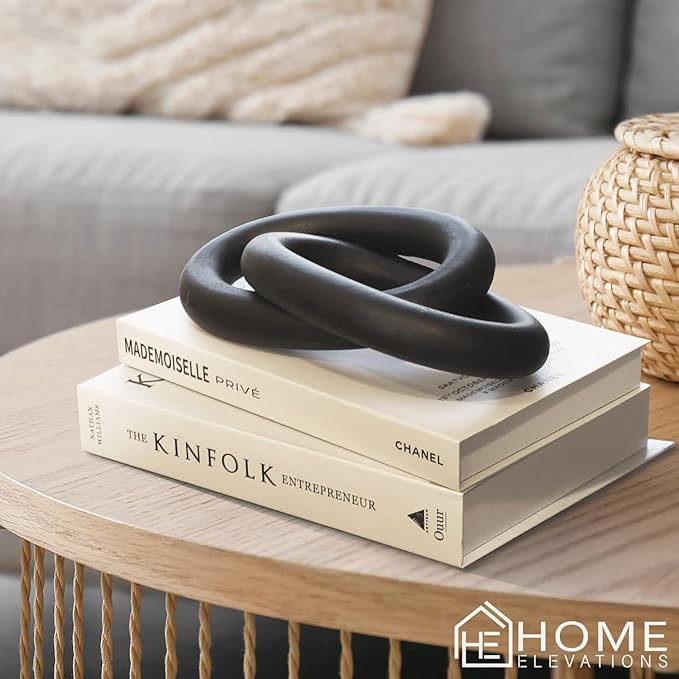 Wood Chain Link Decor – 13” Black Wooden Decorative Object for Coffee Table Decor & Neutral Decor for Home – Modern Knot Accent for Shelf Styling, Books, or Housewarming Gifts