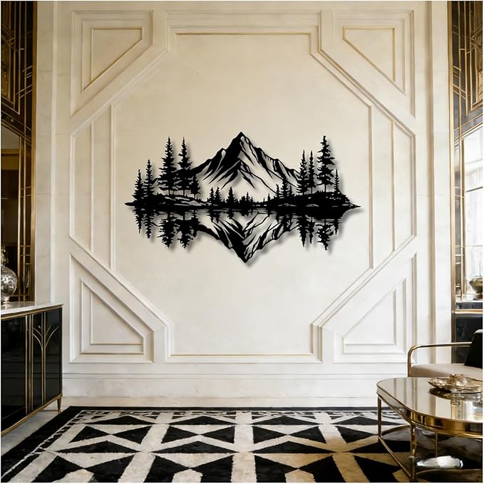 Metal Mountain Wall Art, Pine Trees And Hills Metal Decor, Mountain And Forest Metal Wall Decor, Horizontal Metal Wall Sculpture, Large Nature Wall Art(White,35x20in/90x50cm)