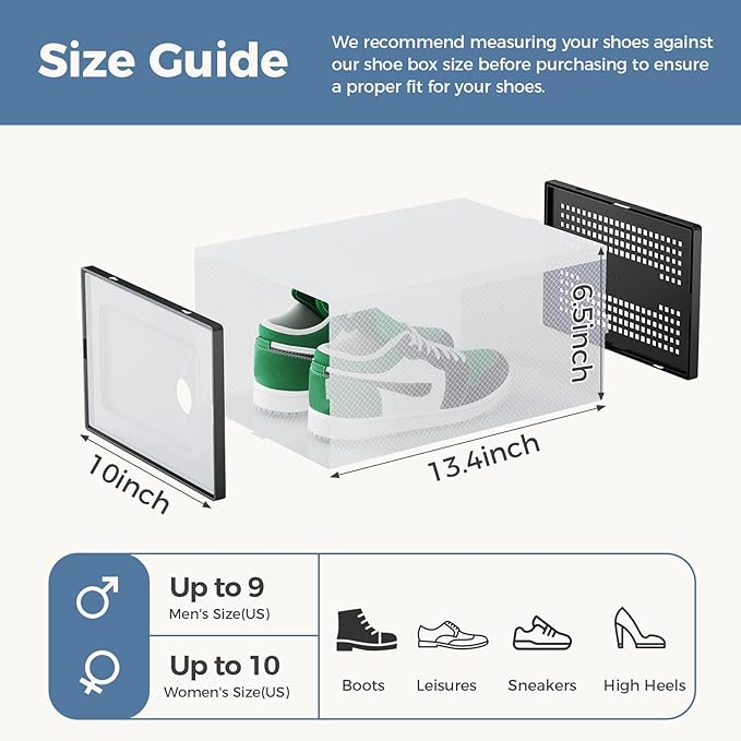 DUMOS Clear Shoe Storage Boxes, 15-Pack Plastic Stackable Shoe Containers with Lids, Display Sneaker Case Organizer for Closet, Under Bed, Entryway,Black (Fit Size 11)
