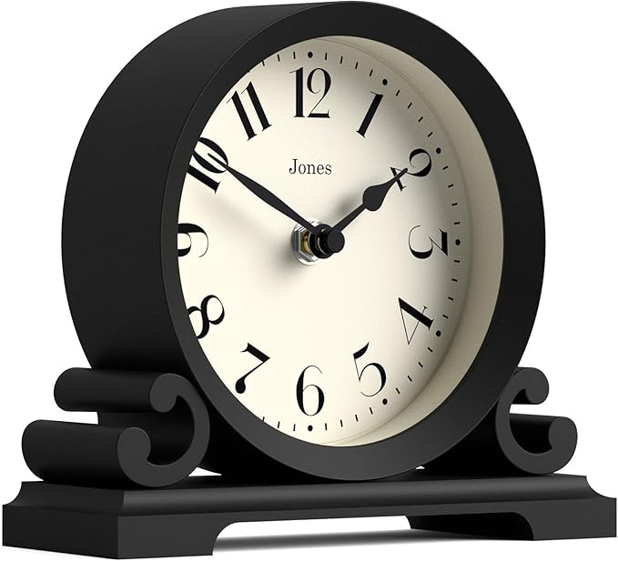 JONES CLOCKS® Saloon Mantel Clock | Traditional Double Scroll Design | Black | Contemporary Classic Style for Desk, Table, Shelf or Bedside