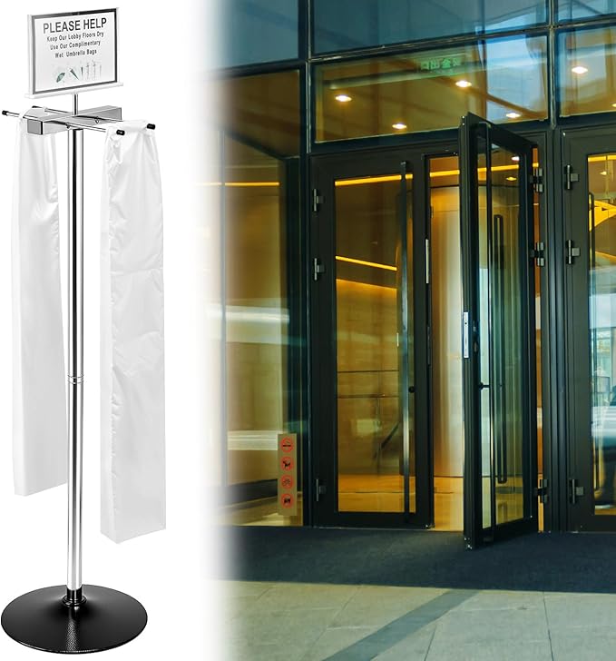 QWORK Umbrella Holder for Entryway, Stainless Steel Umbrella Bag Wrapper Station with Customizable Sign – 200 Long Bags Included, for High Traffic Areas