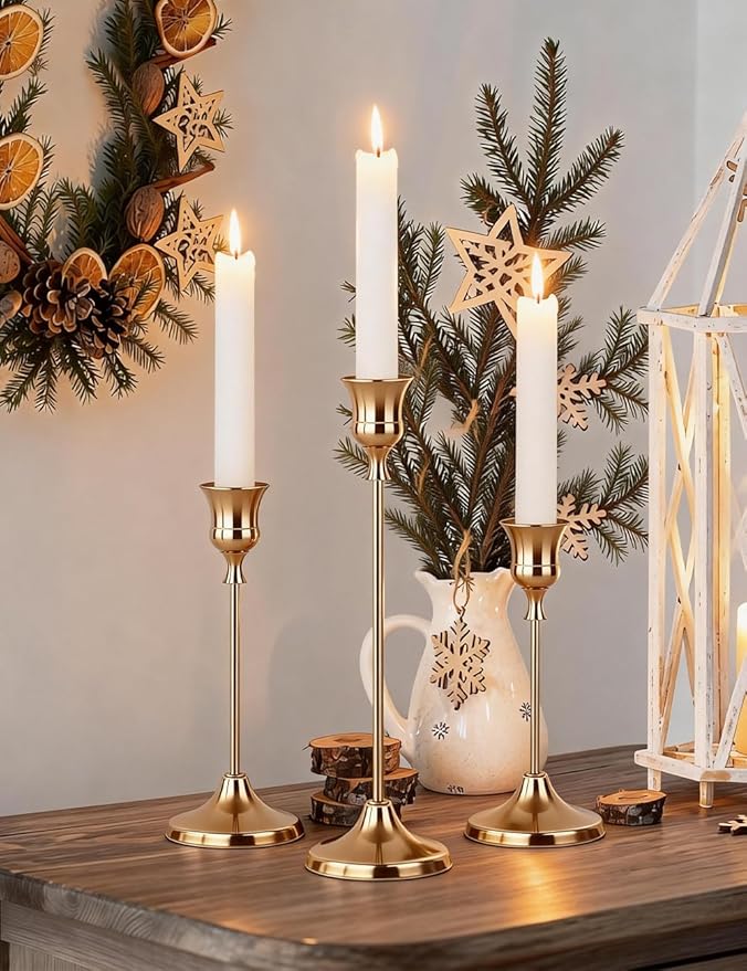 4 Sets(12 Pcs) French Gold Tapered Candle Holder,Candlestick Tall Metal Candlestick Holders for Table Centerpiece Home Decor for Wedding Fireplace Mantel Housewarming Gift Fits 3/4 Inch Thick Candles