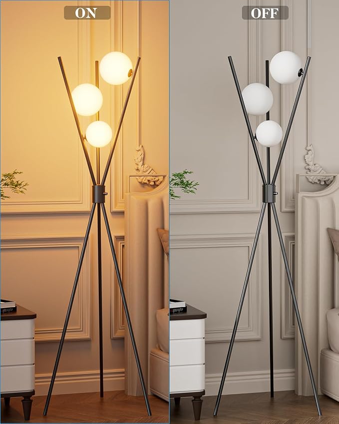 Lightdot 60IN Dimmable Black Tripod Floor Lamp Mid Century Standing Lamps with 3Pcs 3000K Bulbs Included Globe Eye Care&Stable Base Modern Tall Lamp for Living Room/Bedroom/Sofa Beside/Corner Decor