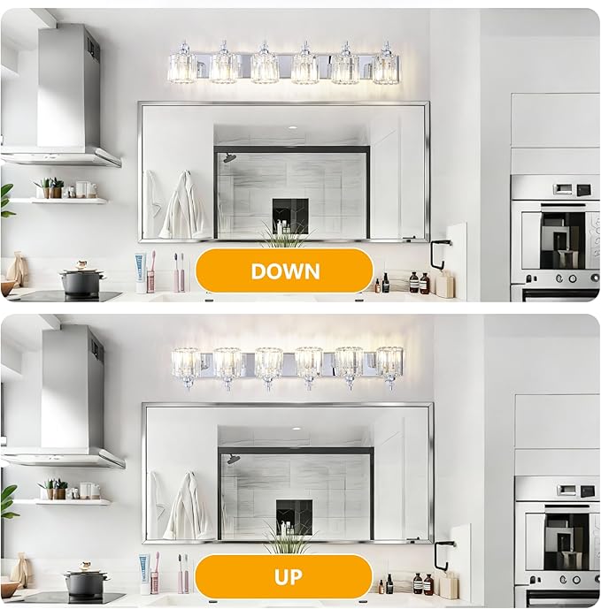 6-Light Modern Bathroom Light Fixture Chrome Bathroom Vanity Lights Over Mirror Wall Sconce Lighting with K9 Crystal Shades E26 Base for Bedroom, Living Room, Hallway Wall Lamp