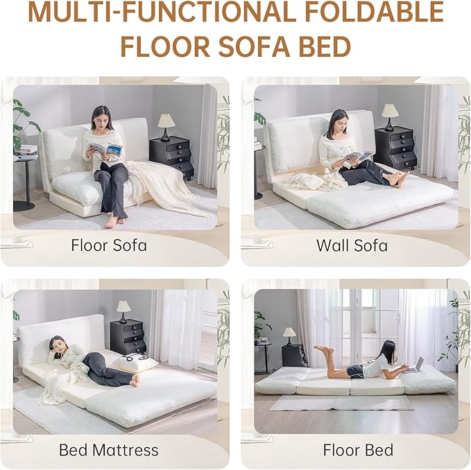 Bean Bag Chairs for Adults,Folding Sofa Bed,Floor Couch Bed, Foam Filling Fold Floor Mattress with Washable Soft Faux Fur Cover, Leisure Floor Couch for Bedroom Living Room(Cream, Double)