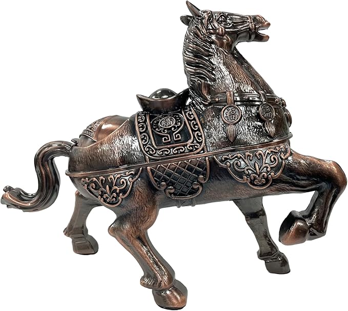 Metal Ornament Galloping Horse Statue Classic Bronze Finish Luxury Home Decor Multi Functional Sculpture for Living Room Office Desk Feng Shui Art with Set of 5 Lucky Charm Ancient Coins (D3 Bronze)