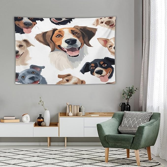 VUMIVI Cartoon Dog Tapestry Black & White Pet Dog Heads Cute Illustration Modern Creative Design Tapestry Wall Hanging for Living Room Bedroom Dorm Classroom Aesthetic Decor W90xL60in