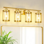 4-Light Brushed Gold Bathroom Light Fixtures, 29 Inch Modern Bathroom Vanity Lighting Fixtures Over Mirror with Clear Glass and Metal Cage Wall Sconce Lights for Bath, E26, OS-3014BG-4W