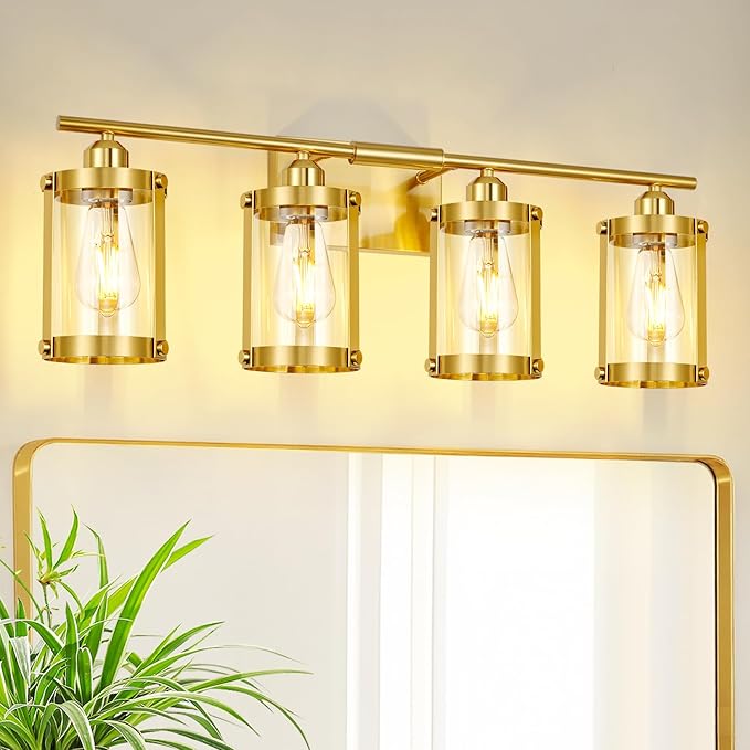 4-Light Brushed Gold Bathroom Light Fixtures, 29 Inch Modern Bathroom Vanity Lighting Fixtures Over Mirror with Clear Glass and Metal Cage Wall Sconce Lights for Bath, E26, OS-3014BG-4W