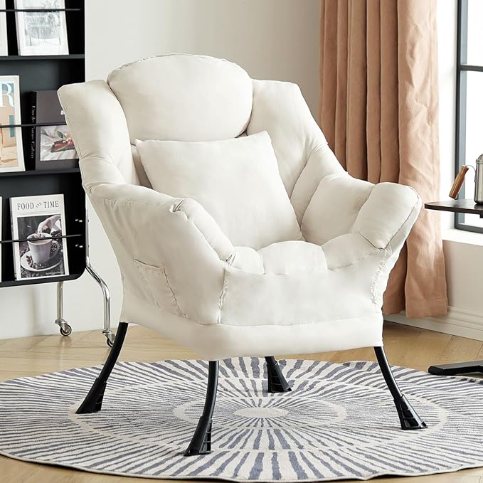 Lazy Chair for Living Room, Large Beige Lounge Accent Chair with a Throw Pillow, Leisure Sofa Chair Set, Comfy Reading Chair for Bedroom, Dorm Room, Office