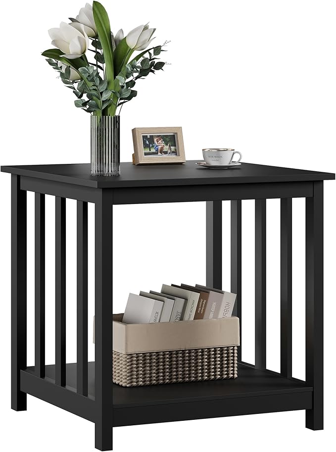 Treocho End Table, 24 Inch Square Side Table Living Room with 2-Tier Storage Shelf, Modern Nightstand for Living Room, Bedroom, Office, Black