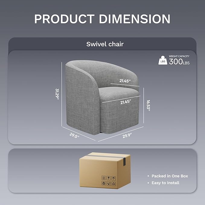 COLAMY Swivel Accent Chair, Modern Barrel Round Chair, Upholstered Comfy Living Room Chair with Armrest, Armchair for Reading Room/Bedroom/Waiting Room/Office, No Assembly, Grey