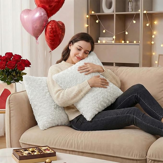 FUTEI White Decorative Throw Pillow Covers 16x16 Inch Set of 2,Soft Solid Rose Swirl Textured Cushion Case,Valentine's Day Decor for Couch Living Room