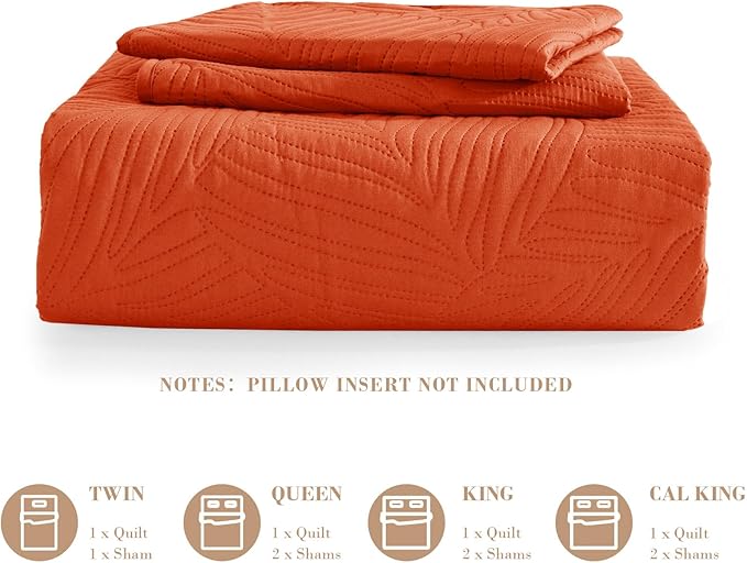 Exclusivo Mezcla King Size Quilt Bedding Set, Lightweight Burnt Orange Quilts King Size for All Seasons, Soft Microfiber Bedspreads Coverlets Bed Cover with Leaf Pattern, 3 Piece