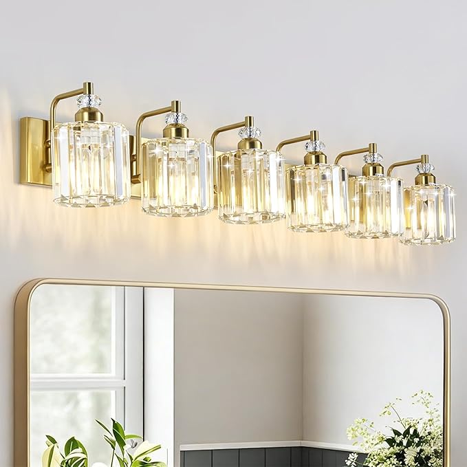 6-Light Modern Vanity Lights Brushed Brass Bathroom Light Fixtures Over Mirror Gold Bathroom Vanity Lighting with Crystal Shade E26 Base Wall Sconce for Bedroom Living Room Restroom Wall Lamp