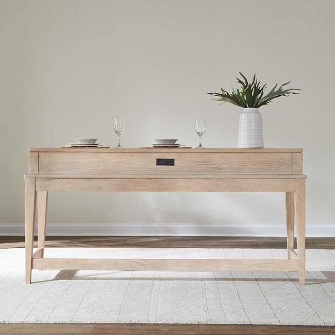 Liberty Furniture Brentwood Console Bar Table with AC, USB Charging Station for Living Room - Sandstone Oak Wood