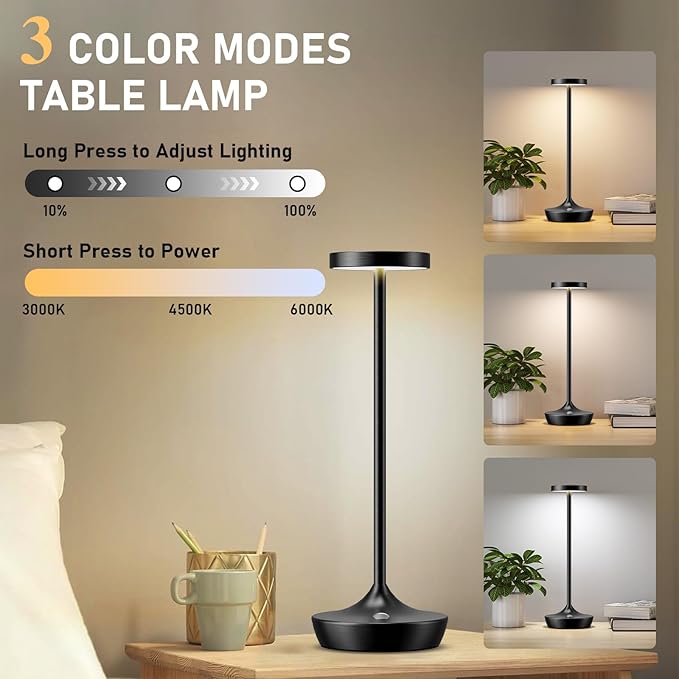 LED Cordless Table Lamp Rechargeable，Outdoor Battery Operated Desk Lamp Touch 3 Color Dimming Portable Waterproof Night Light for Patio/Restaurant/Dining/Home (Black)