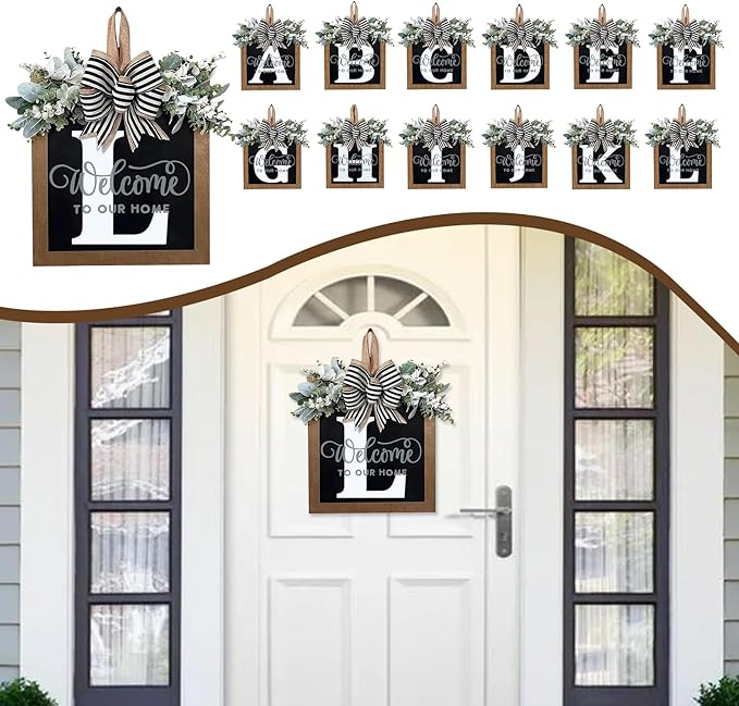 Ultra Large 14'' Last Name All Year Round Front Door Wreath with 26 Initial Letter Welcome Sign All Seasons Eucalyptus Garland and Bow Wreaths for Front Door Porch Farmhouse Decoration (L)