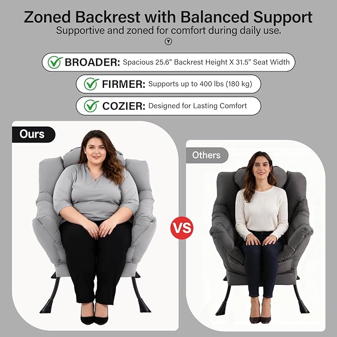 Lazy Chair with Ottoman, Modern Accent Chair with Lumbar Pillow, Grey Sofa, Lounge Chairs with Folding Footrest, Oversized Supportive Chairs for Bedroom, Reading