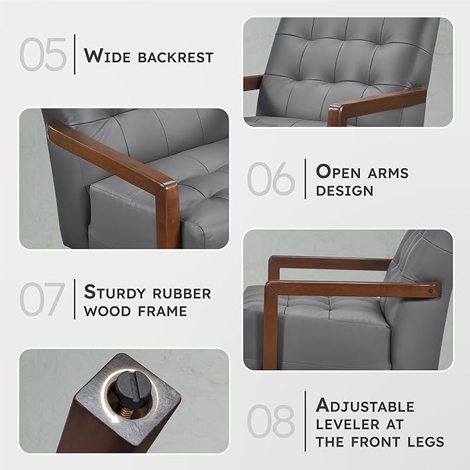 Lexicon Modern Accent Chair, Luxury Genuine Leather Match Living Room Chair with Tufted Cushions, Solid Wood Frame and Arm Rest, Comfy Upholstered Single Seat for Bedroom/Reading/Office, Dark Gray
