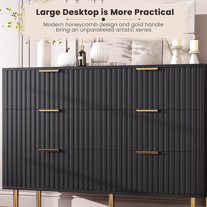 GarveeHome Fluted 6 Drawer Dresser for Bedroom, 47.2 in Wide Modern Chest of Drawers with Deep Drawers, Large Double Dresser TV Stand, Wooden Organizer for Living Room, Hallway, Kids Room, Black