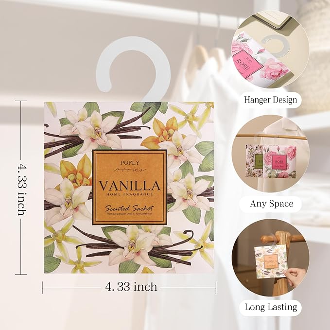 12 Pack Large Vanilla Scented Sachets – Hanging Closet & Drawer Deodorizer & Air Freshener, Long-Lasting Aroma
