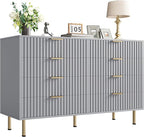 8 Drawer Dresser for Bedroom, Fluted 55 in Wide Modern Chest of Drawers with Deep Drawers, Long Large Double Dresser TV Stand, Wooden Dresser Organizer for Living Room, Hallway, Kids Room, Grey