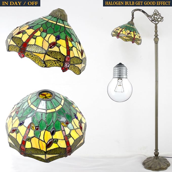 WERFACTORY Tiffany Floor Lamp Green Yellow Stained Glass Dragonfly Arch Lamp 12X18X64 Inch Gooseneck Adjustable Corner Standing Reading Light Decor Bedroom Living Room S009G Series