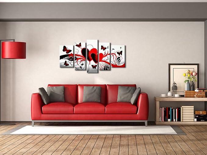 Wieco Art Red Flower Love Butterfly Abstract Oil Paintings on Canvas Wall Art Ready to Hang for Living Room Bedroom Home Decorations Modern 5 Panels Stretched and Framed 100% Hand Painted Artwork