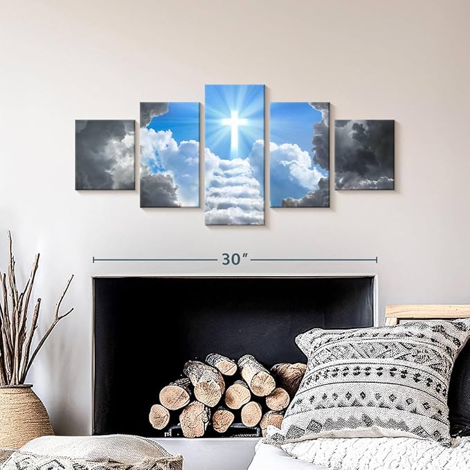 Elephant Stock Stairway To Jesus Christ Wall Art Multi Piece Canvas - 5 Panel Christian Pictures Decor - Digital Design Canvas Print - Christian Wall Decor - 36" X 15"