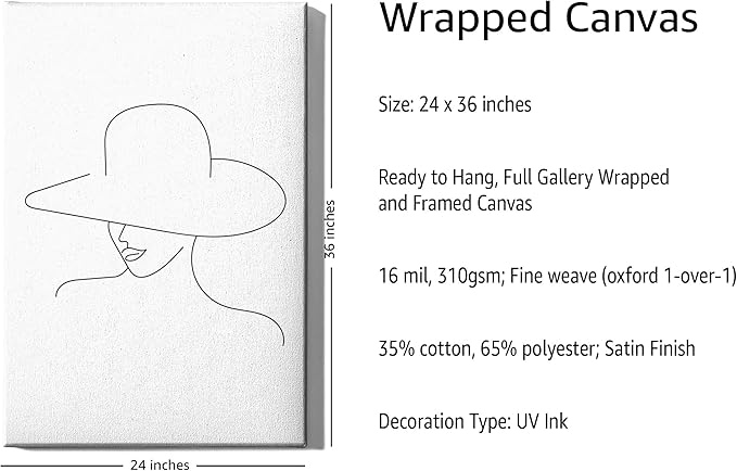 Elegant Woman in Hat Wrapped Canvas Wall Art Minimalist Feminine Profile 24x36 Inch Gallery Stretched Modern Asian Fashion Home Art Decor