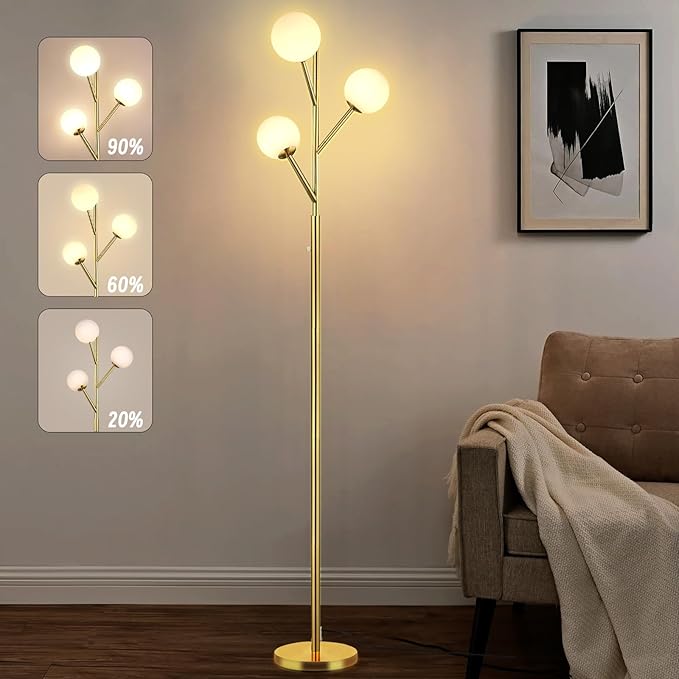 70in Gold 3-Globe Mid Century Dimmable Floor Lamp for Living Room G9 LED Bulbs Included,Modern Standing Lamp with Frosted Glass Shade for Bedroom,Studyroom Antique Brass Lighting(dimmer-Gold)