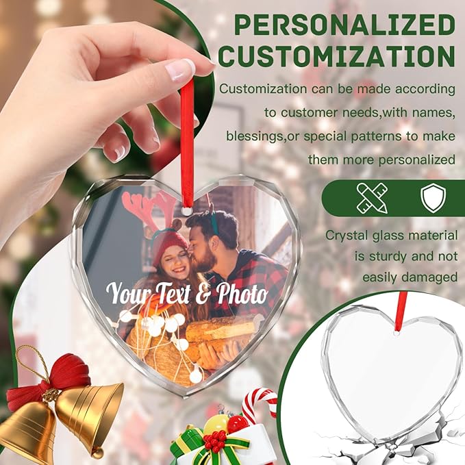 Personalized Christmas Crystal Ornaments Custom Heart Photo Ornament 2024 Customized Christmas Ornament Personalized First Christmas Keepsake Gifts for Couples Family Friends Xmas Decor