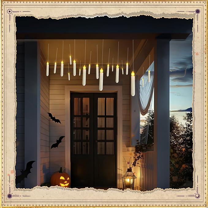 Homemory Floating Candle with Wand Remote, 12 Pcs Magical Candlesticks Witch Decors, Warm Yellow Flameless Taper Candles Battery Operated, LED Window Candle for Halloween Party Decor