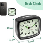Small Battery Alarm Clock for Bedrooms, Analog Travel Clocks, Bedside Desk Table Clock for Room Decor, Slient, Big Numbers for Seniors, Gently Ascending Alarm for Heavy Sleepers, Black