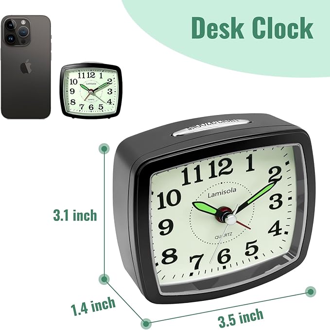 Small Battery Alarm Clock for Bedrooms, Analog Travel Clocks, Bedside Desk Table Clock for Room Decor, Slient, Big Numbers for Seniors, Gently Ascending Alarm for Heavy Sleepers, Black