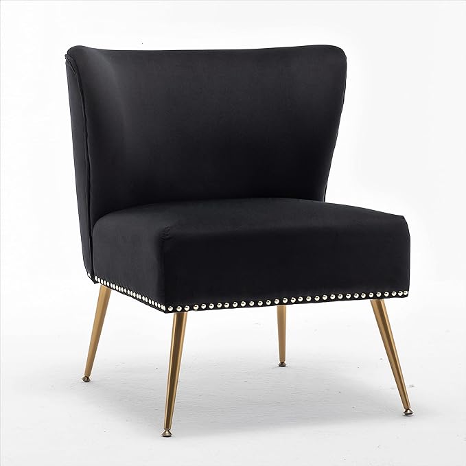 Thia Armless Velvet Accent Chair for Living Room, Elegant Seat with Nailhead Trim, Gold Metal Legs and Comfortable Curved Back, 28" D x 25" W x 29.5" H, Black