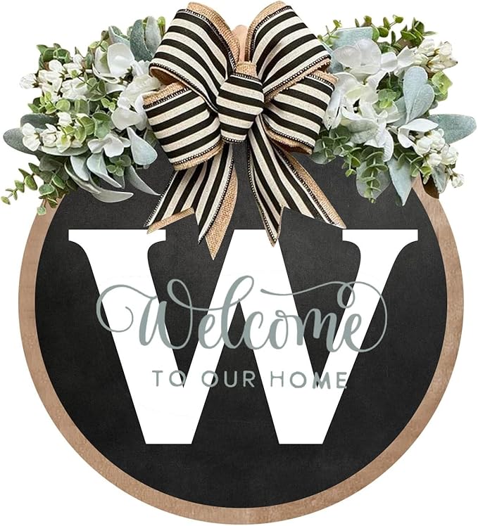 Circular Surname Front Door Welcome Sign - 26 Letter House Wreath, Front Porch Decorations, Year-Round Home Decor (W)