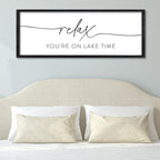 Surfapans Lake House Wall Decor Relax You're On Lake Time Sign 32"×12" for Bedroom Above Over Bed Lakeside Retreat Living Room Minimalist Large Wood Framed Horizontal Wall Hanging Art (Black)