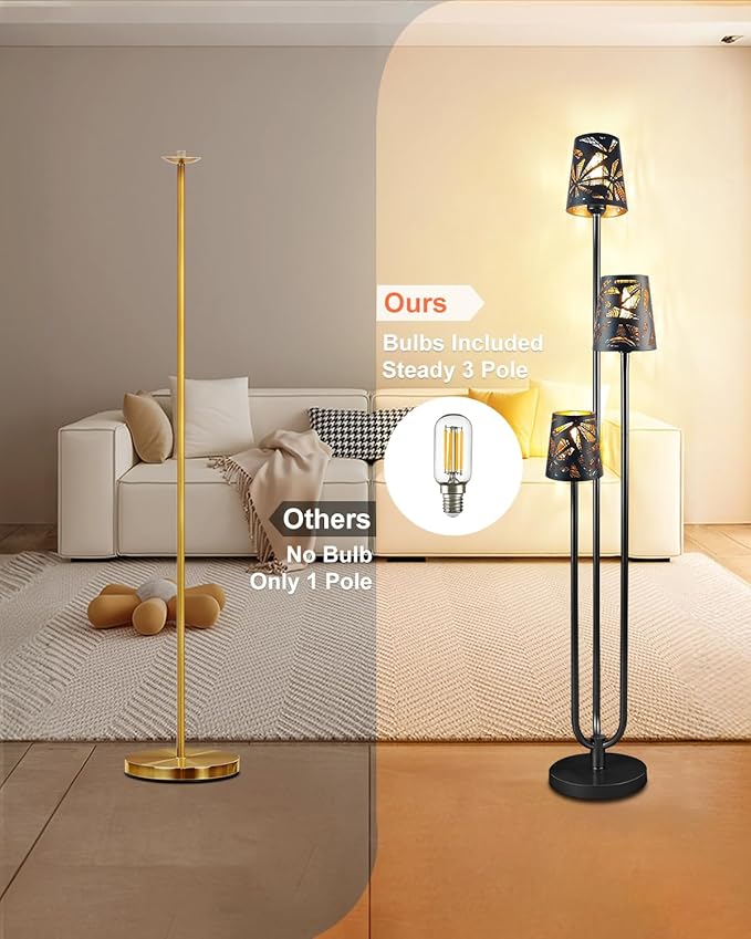 3-Light Black Floor Lamp for Living Room, Unique Candle Holder Style Tall Standing Lamps for Bedroom, 3000K Warmwhite Mid Century Modern Floor Lamp for Home Office(Bulbs Included)