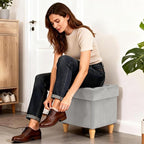 CAROLMADE Folding Storage Ottoman Cube Velvet Footstool with Wood Legs Ottoman Footrest for Living Room and Bedroom, Grey 15"x12.6"x15.4”