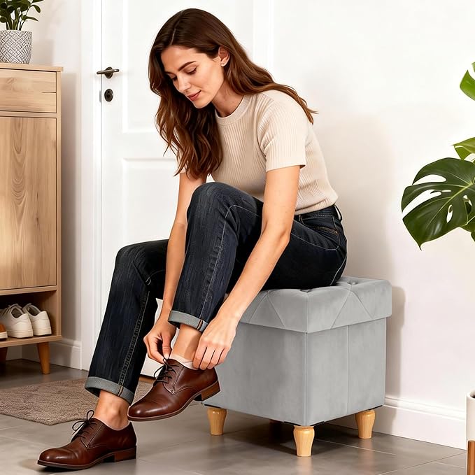 CAROLMADE Folding Storage Ottoman Cube Velvet Footstool with Wood Legs Ottoman Footrest for Living Room and Bedroom, Grey 15"x12.6"x15.4”