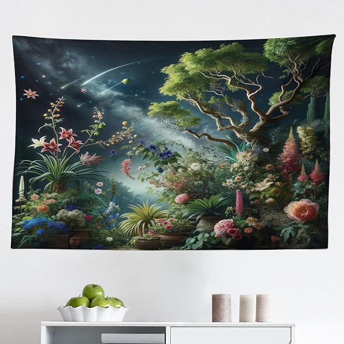 Ambesonne Aesthetic Tapestry, Exotic Forest of Twilight with Trees Bushes and Flowers Falling Stars, Fabric Wall Hanging Decor for Bedroom Living Room Dorm, 45" X 30", Green Dark Night Blue