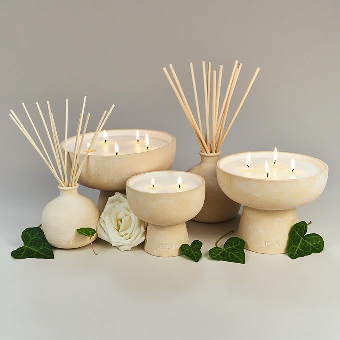Blueme Renew Candle | Ivy & Rose | 4 Wick - Refillable Wellness Candle with Essential Oils, Hand Finished & Poured Soy Wax Blend Ceramic Vessel, Natural Cotton Wicks | Large 24 oz