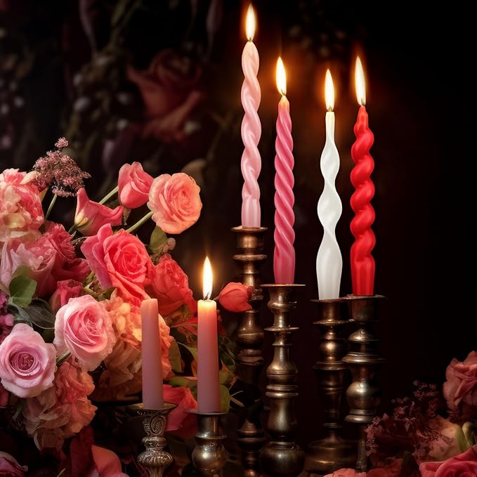 Nuanchu 4 Pcs 7.87 Inch Twisted Taper Candles Wax Unscented Smokeless Spiral Swirl Candlesticks for Wedding Holiday Dinner Party Home Decorations(Valentines Color)