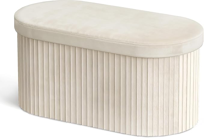 GLAXYFUR Oval Storage Ottoman Bench, Velvet Foot Rest, 30 Inch Folding Chest for Living Room, Bedroom, Beige