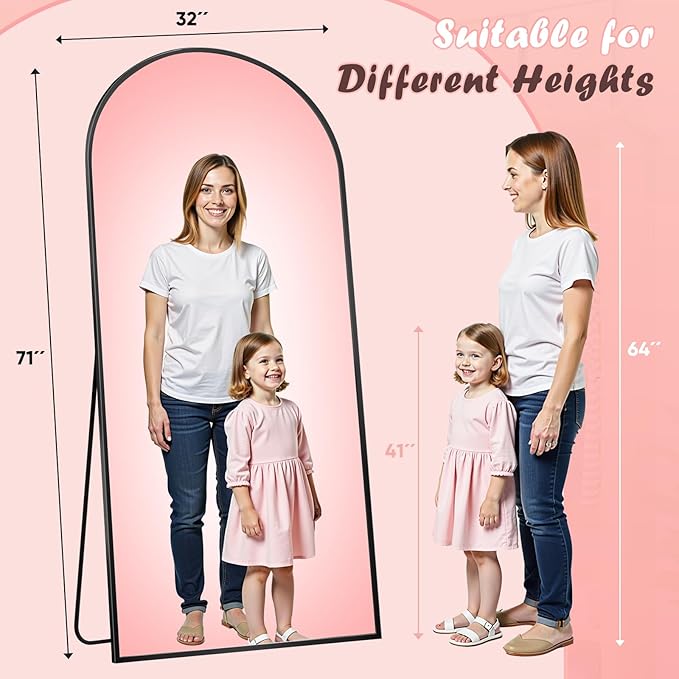 Full Length Mirror, 71" x 32" Arched Full Body Mirror Large Standing Floor Mirrors, Mirrors for Bedroom, Bathroom, Living Room Standing or Wall Leaning, Black