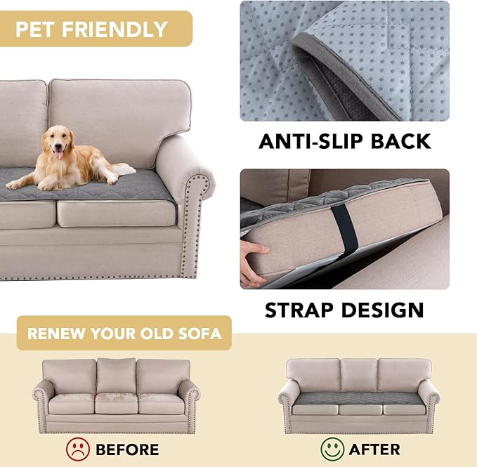 H.VERSAILTEX Couch Cover Chenille Pet Fuzzy Sofa Covers for 3 Cushion Couch Anti Slip Washable Sofa Slipcovers with Strap Soft Couch Protector Cover for Dogs Cats Kids(27.6" x 71", Light Grey)